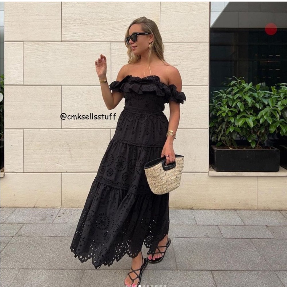 ZARA EMBROIDERED RUFFLED OFF-SHOULDER MIDI DRESS BLACK